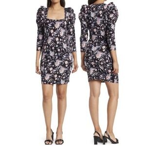 Ted Baker Boho Cottagecore Floral Puff Sleeve Mini Dress 2 Blk Multi Office